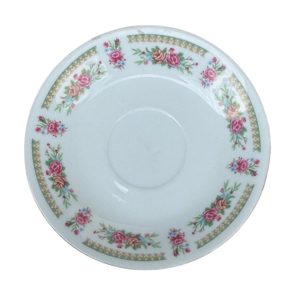 Vintage Porcelain Saucer With Pink Floral & Gold Diamond Pattern